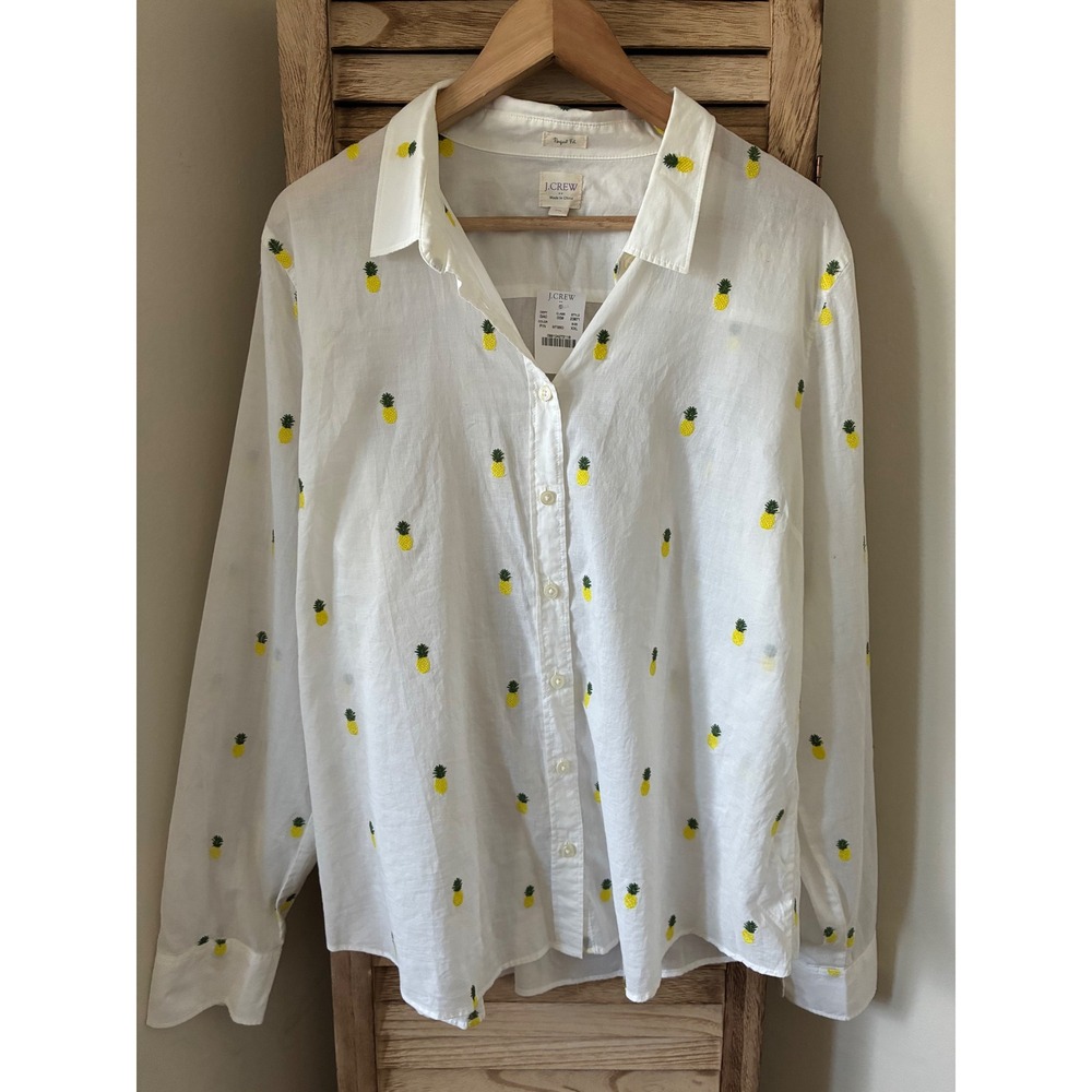 J.Crew Perfect Fit White Cotton Pineapple Embroidered Button Down Shirt XXL NEW